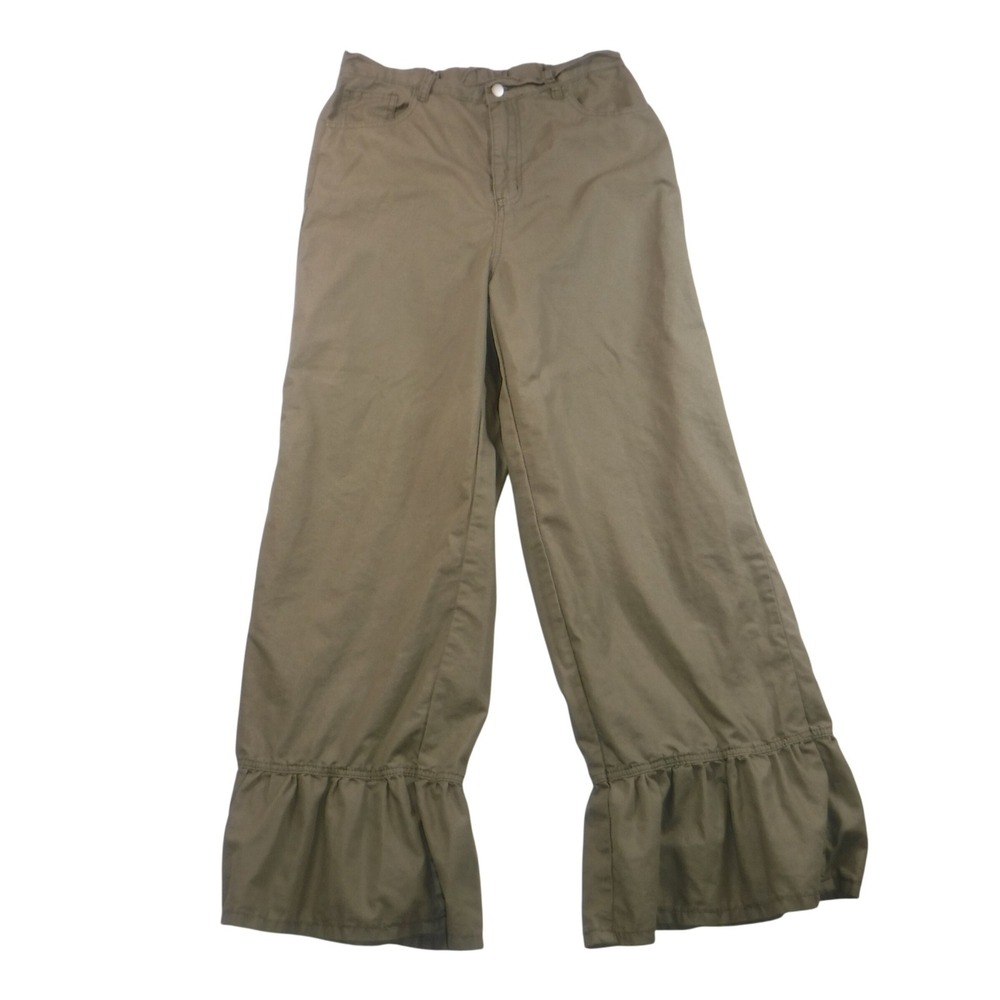 SHEIN Olive Women's Green Wide Leg Ruffle‎ Hem Pants Cotton Blend Size 30